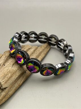 Rainbow Vitrail Crystal Stretch Bracelet Gunmetal Statement Tennis Stacking